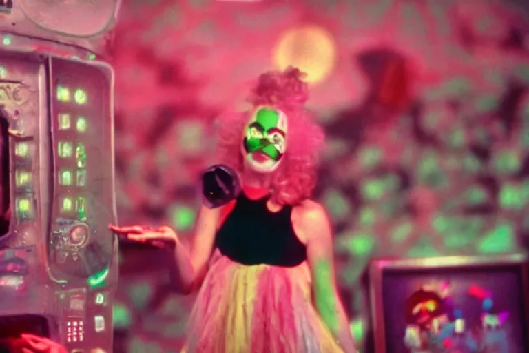 Image similar to clowngirl in clowncore funhouse, in 2 0 5 5, y 2 k cutecore clowncore, low - light photography, bathed in the glow of a crt monitor, still from a ridley scott movie