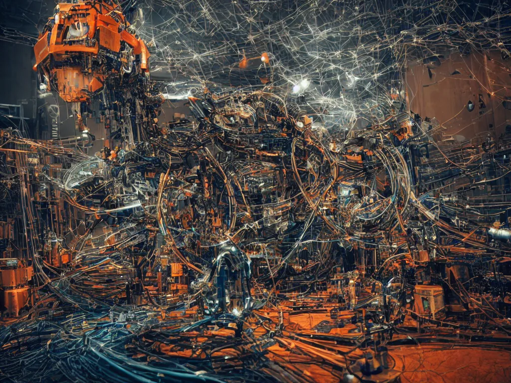 Prompt: a baroque machine, robot god constructed out of modular synthesizer components sits upon a throne cables, wires and discarded components in vast hall, macro photography, long exposure photograph, surrealism, anamorphic bokeh, warm, soft light, orange and teal, caustic, atmospheric fog, octane render, cinematic