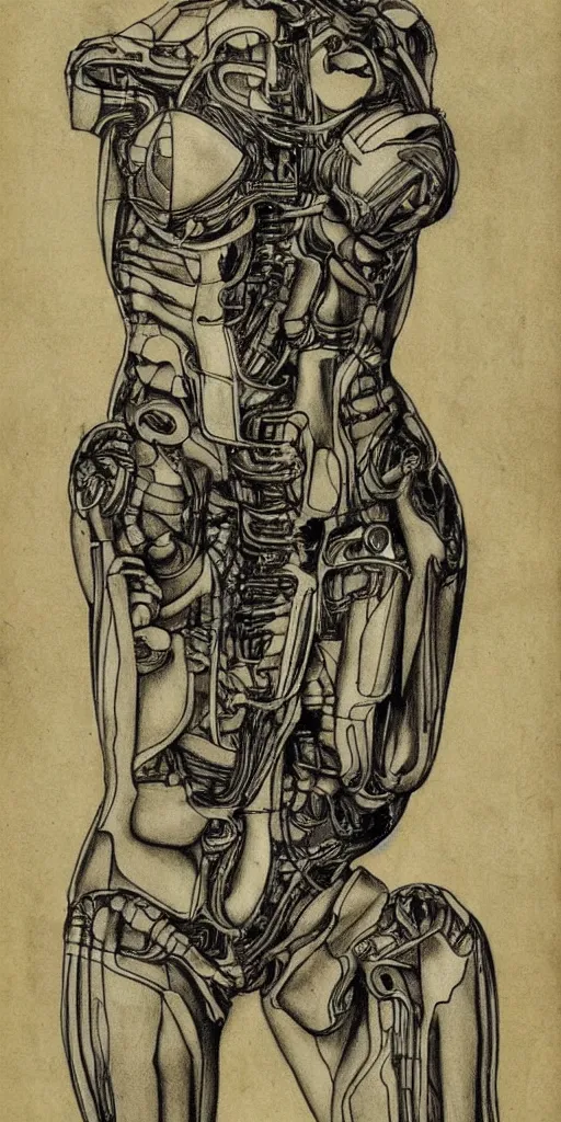 Image similar to futuristic cyborg anatomy drawing by da vinci