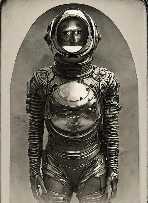 Prompt: old wetplate daguerreotype portrait of a futuristic silver armored space astronaut cyborg, fractal, intricate, elegant, highly detailed, parallax, leica, medium format, subsurface scattering, by jheronimus bosch and greg rutkowski and louis jacques mande daguerre