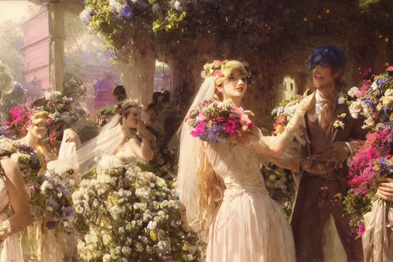 Image similar to the groom look at the bride at a wedding full of flowers, bright and happy, dreamlike art, highly detail, 4 k realistic, wedding photoy krenz cushart, artem demura, yoji shinkawa artgerm, jon lothian, danilo torres. adi meyers. thomas reimann. gaston bussiere.