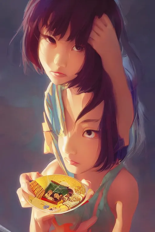 Image similar to asian girl eating a ritz cracker by artgerm, tooth wu, dan mumford, beeple, wlop, rossdraws, james jean, marc simonetti, artstation giuseppe dangelico pino and michael garmash and rob rey and greg manchess and huang guangjian and makoto shinkai