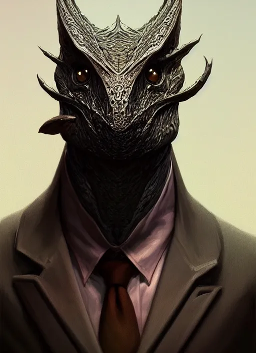 Image similar to anthropomorphic triangle head in edgy darkiron mr. bean, intricate, elegant, highly detailed animal monster, digital painting, artstation, concept art, smooth, sharp focus, illustration, art by artgerm, wayne barlowe, trending on artstation and greg rutkowski and alphonse mucha, 8 k