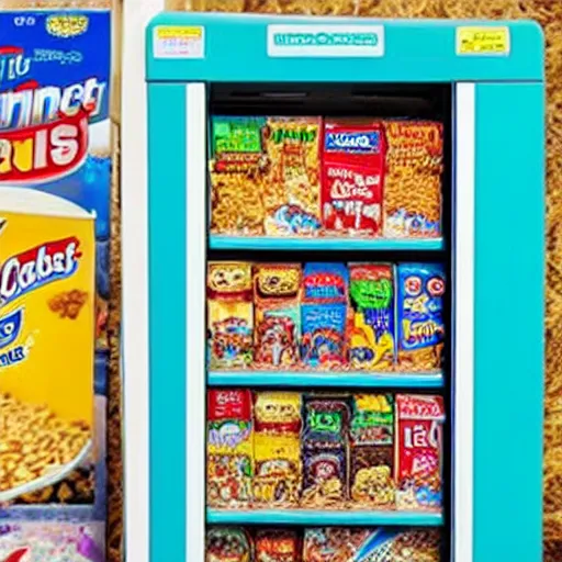 Prompt: vending machine that offers cereal boxes