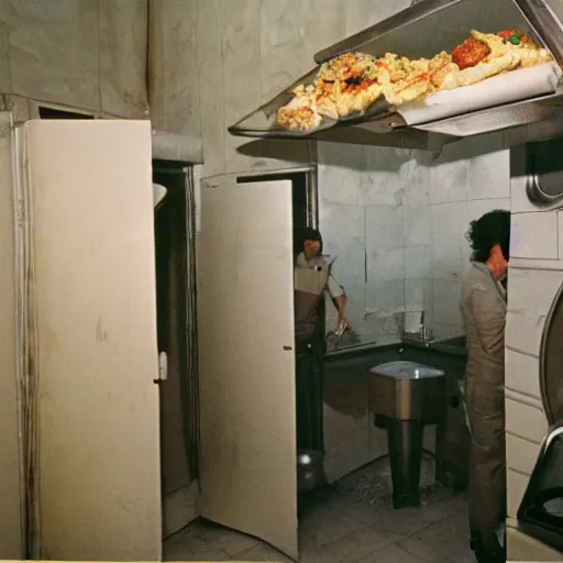Image similar to alien cooks shawarma in a stall, soviet space, top secret style, realistic photo, cinestill 8 0 0 t, 1 9 7 0 s, color