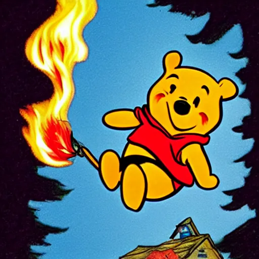 Image similar to winnie the pooh lighting a house on fire, in the style of winnie the pooh