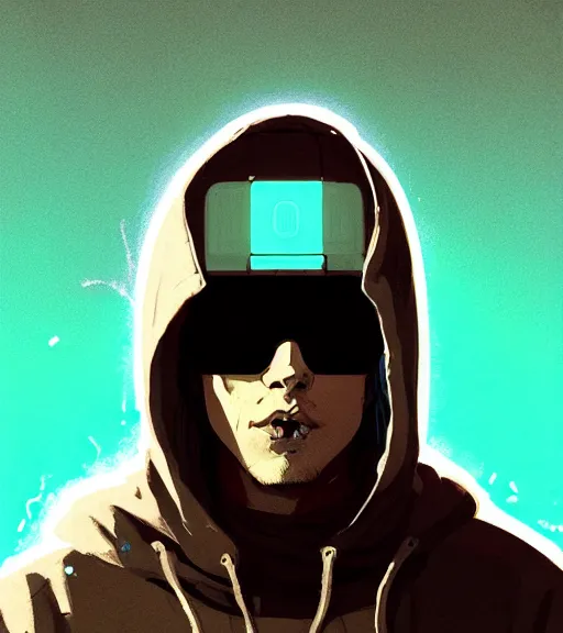 Image similar to cyberpunk synth, hyper - realistic portrait of a man in a hoodie, cyberpunk, by atey ghailan, by greg rutkowski, by greg tocchini, by james gilleard, by joe fenton, by kaethe butcher, dynamic lighting, gradient light blue, brown, blonde cream and white color scheme, grunge aesthetic