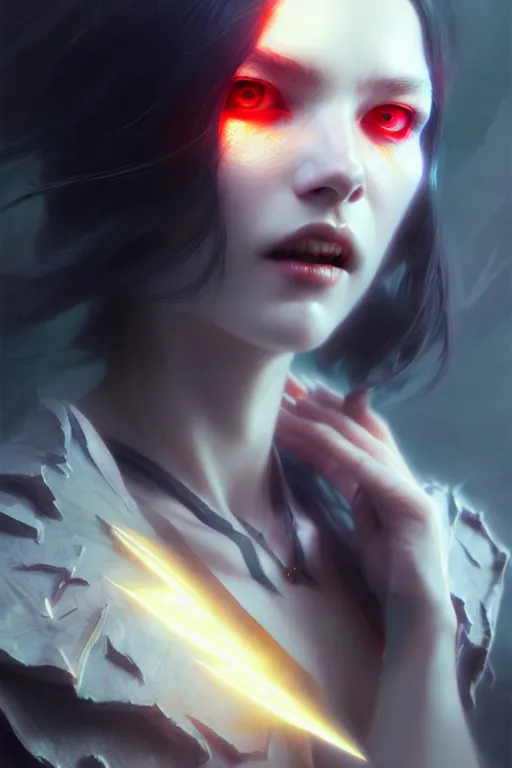 Image similar to beautiful vampire, wonderful eyes, three - dimensional rendering, hyperrealistic detailed portrait holding light and electricity, ruan jia, clap. scifi, fantasy, magic the gathering, over - detailed, octane rendering, concept art by artgerm, peter murbacher, detailed and complex environment