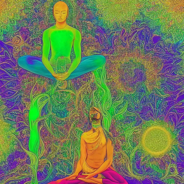 Prompt: human meditating supreme peace immense knowledge infinite color dmt art white green gold ethereal chill