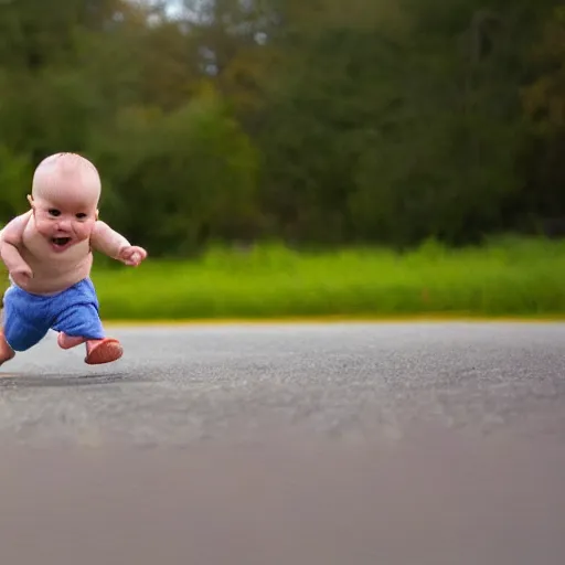 Image similar to baby running at full speed, photograph, outdoors