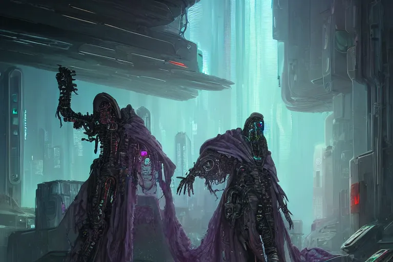 Image similar to ultra realistic illustration, a futuristic cyberpunk damaged necromancer cyborg wearing a cloak working on creating magical potions in an underground lair, hot potions in vials in background, rotting creatures on the shelf, cyberpunk, sci - fi, fantasy, intricate, elegant, highly detailed, digital painting, artstation, concept art, sharp focus, art wadim kashin