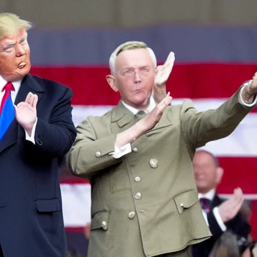 Image similar to still of donald trump saluting hitler at a rally, hyper realistic photo