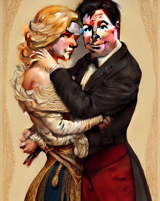 Image similar to Portrait of a  blonde lady and Michael mcintyre in Dogtanian,real life skin, intricate, elegant, highly detailed, artstation, concept art, smooth, sharp focus, art by artgerm and greg rutkowski and alphonse mucha