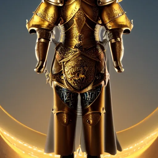 Image similar to a highly detailed knight in a T golden helmet and a golden crown with a blue diamond in the center, golden armor, leather clothes under the armor, leather gloves, holds a black sword, artstation, DeviantArt, professional, octane render, sunset lighting