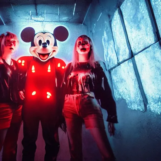 Image similar to a group of people standing around a giant bloody wounded head of mickey mouse, neon netflix logo, cyberpunk art by david lachapelle, cgsociety, sots art, dystopian art, reimagined by industrial light and magic, dark obscure neon concept art