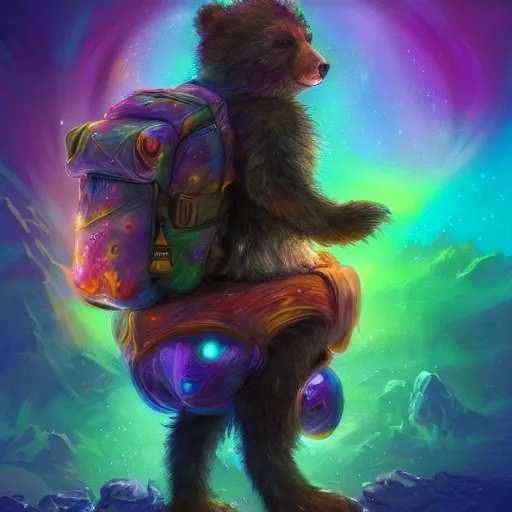 Prompt: a beautiful colorful interesting detailed sci-fi storybook fantasy scene of a bear cub wearing a backpack going through a swirling mystical time portal to Wonderland, magic the gathering, Marc Simonetti and Anato Finnstark, neon pastel color palette, vibrant 8k rendering, concept art, trending on artstation HQ