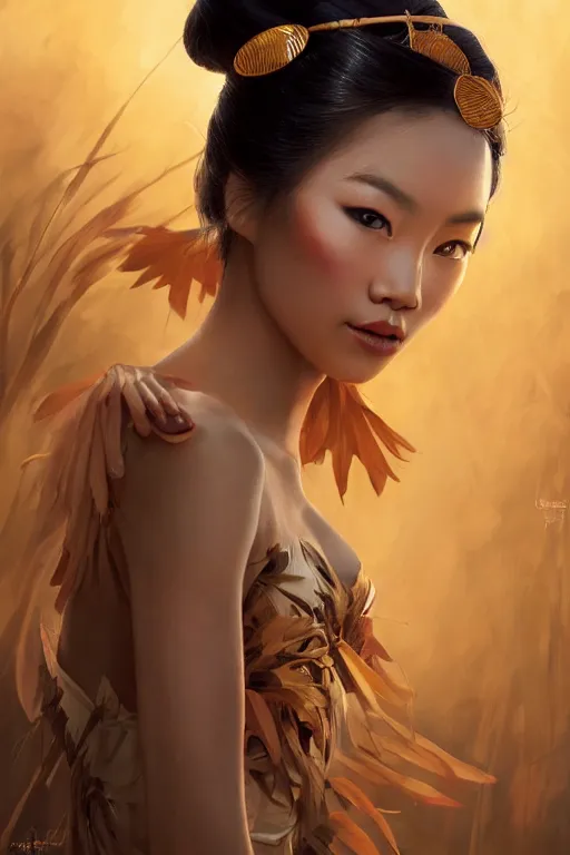 Image similar to stunningly beautiful, filipina geisha prima ballerina in jungle, symmetrical face, golden hour, smooth, focus, highly detailed, hyper realistic, dramatic lighting, elegant, intricate, concept art, art by wlop, mars ravelo, greg rutowski, artstation