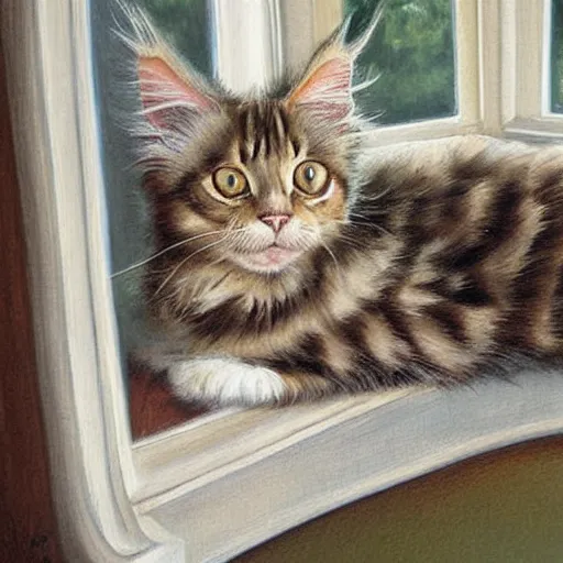 Prompt: portrait cream color maine coon cat curled up, bay window sofa, by Jeff Easley