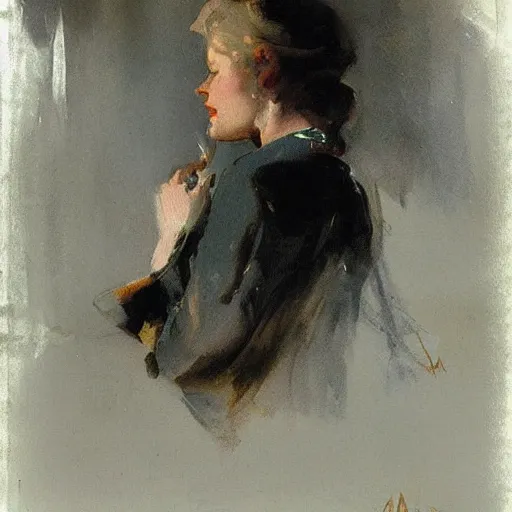 Prompt: anders zorn painting of a beautiful woman with a melting face smoking