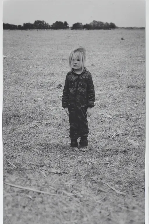 Image similar to photo polaroid of a sad and lonely child stands in the middle many tents of field hospitals, pandemic, covid,loneliness, black and white ,photorealistic, 35mm film,