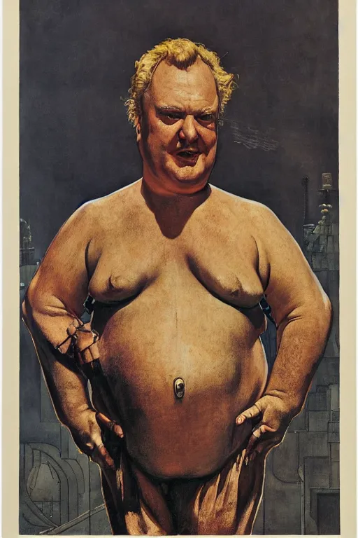 Prompt: full length portrait of kenneth mcmillan as baron harkonnen, plain background, painted by jack kirby, lawrence alma tadema, norman rockwell, greg staples, wayne barlow, neville page