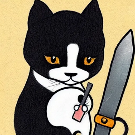 Prompt: kids drawning of a cute kitten with panda body and cat face, in a kimono, holds a sword