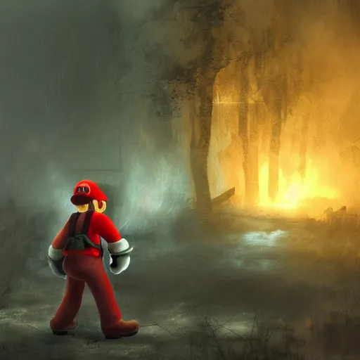 Prompt: concept art of mario in a ruined kingdom, resident evil, horror, occult, terror, mist, volumetric render, digital painting, detailed painting