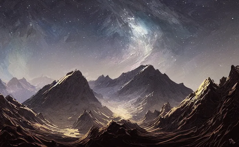 Prompt: mountains, stars and paisley filled sky, artstation, intricate, highly detailed, digital painting, concept art, sharp focus, illustration by Raphael Lacoste and Charles Williams