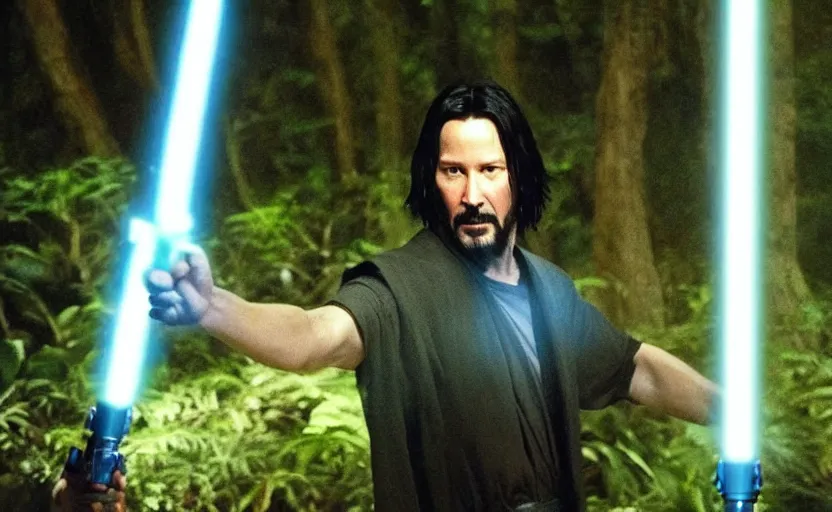 Image similar to keanu reeves as a jedi master with a blue lightsaber fighting a sith lord in an ancient bioluminescent forest, perfect symmetrical face, full moon, moody lighting, 8 k, shallow depth of field, intricate detail,