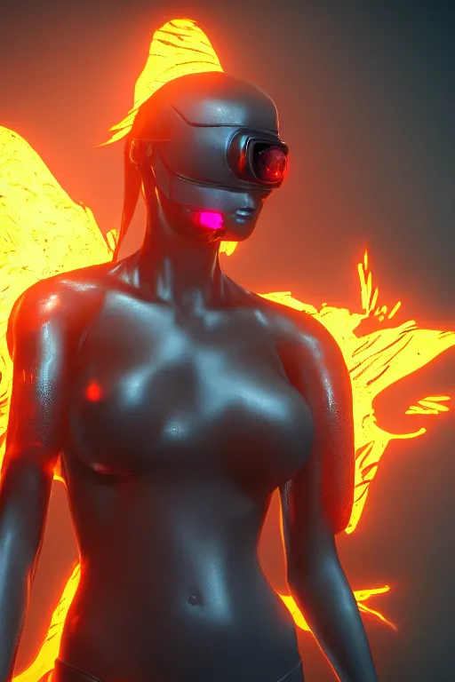 Prompt: Cyberpunk Flame Suit, beautiful woman, fantasy, photorealistic, glowing eyes, 4k, cinematic lighting, explosive