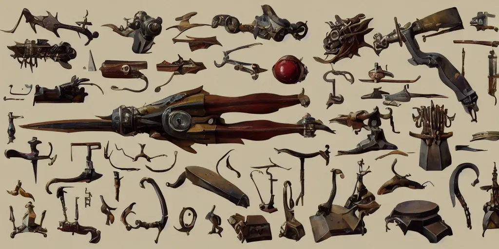 Image similar to collection of vintage early xx century props and gadget, moebius, items, concept art, hard surface, kitbash, parts, shape and form, in watercolor gouache detailed paintings, modular, pieces, golden ratio, weapon, big medium small, insanely details, wes anderson, bungie, lovecraftian style, by makoto shinkai, by beksinski