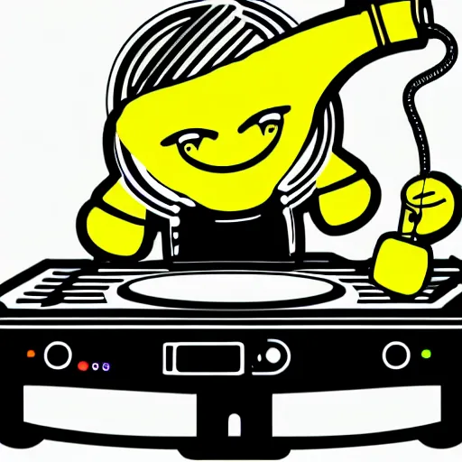 Image similar to svg sticker of a Dancing-Banana, at a rave, spinning records, giant headphones rocking out, wearing headphones, huge speakers, dancing, rave, DJ, spinning records, digital art, amazing composition, rule-of-thirds, award-winning, trending on artstation, featured on deviantart