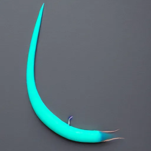 Image similar to studio photograph of a matte dark gray worm with a neon blue head and tail