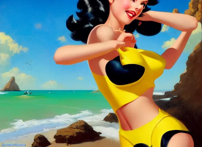 Image similar to the style of the artist gil elvgren, a girl with black hair, overwatch tracer, with a very beautiful symmetrical face, a smile on her face, tanned skin, in a yellow bikini, against the background of a sea beach, in art style, high detail, digital painting, hyperrealism