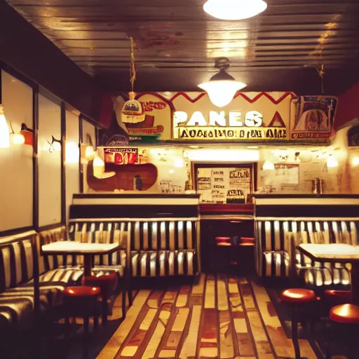 Prompt: inside of a diner serving hot pancakes, cozy lighting, late night, photo