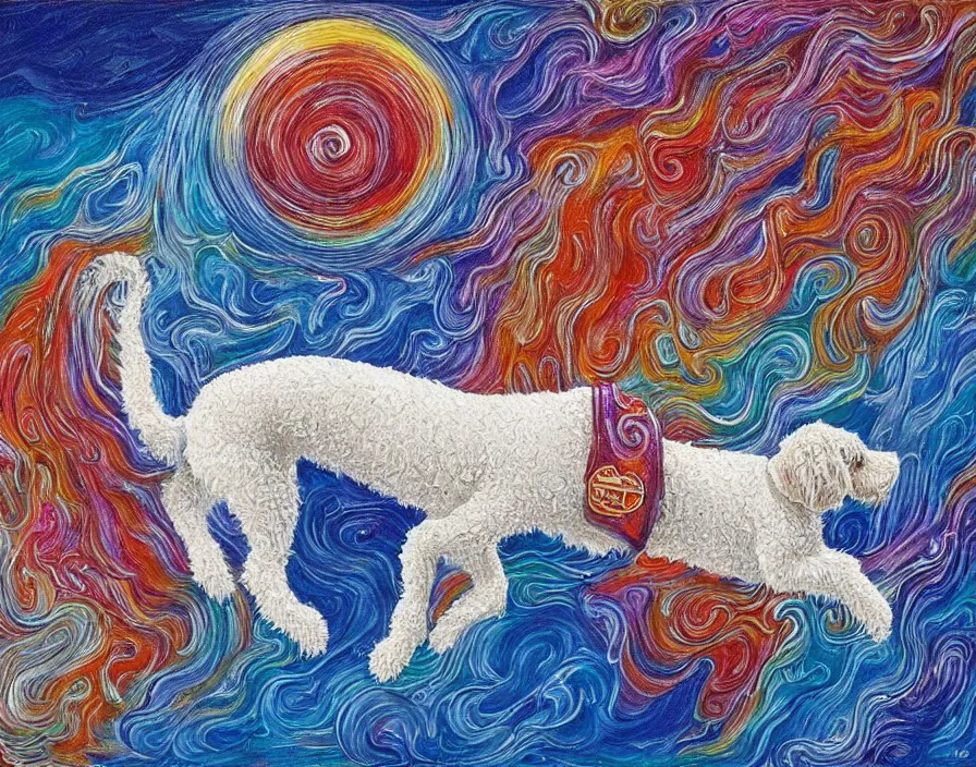 Prompt: a white labradoodle floats in space in the style of alex grey, oil painting