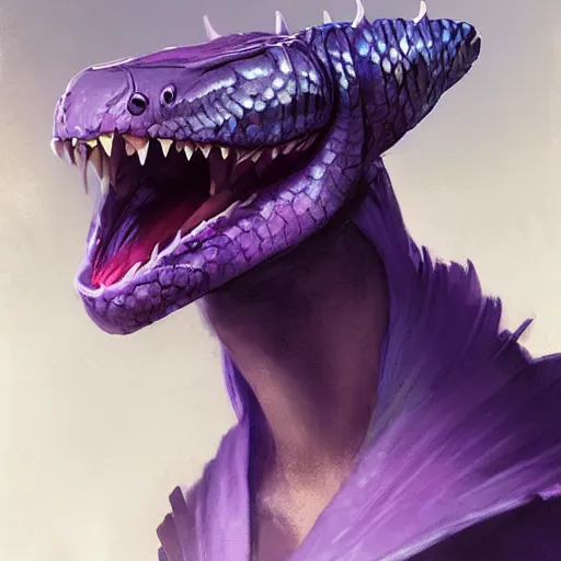 Image similar to a portrait of a violet snake-head, snake head, two fangs, violet theme, epic fantasy digital art, fantasy style art, by Greg Rutkowski, fantasy hearthstone card art style