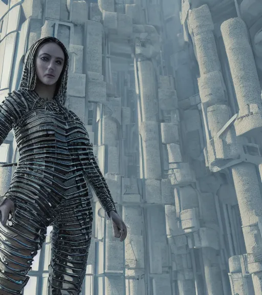 Image similar to tarkovsky greatest scene, the falling apart ancient destroyed majestic tower of babylon, a woman in futuristic cyber clothing, transparent puffer jacket, hyper realistic, cyber blockchain, cyber world, ambient lighting, concept art, intricate, hyper - detailed, smooth, dynamic volumetric lighting, octane, ray trace, cinematic, high quality, high resolution, 4 k, cgsociety