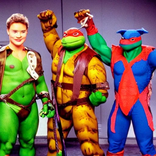 Prompt: teenage mutant ninja turtles on saved by the bell tv show still