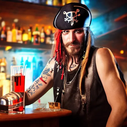 Image similar to a high quality portrait of a pirate bartender in a cyberpunk cyberpunk cyberpunk cafe, realism, 8k, award winning photo