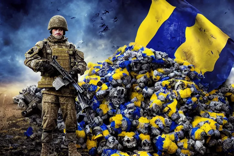 Prompt: promotional illustration of Ukrainian fully equiped soldier with blue and yellow flag standing on a pile of skulls in victory after battle in the new movie directed by <Michael Bay>, <fully equiped professional soldiers>, detailed face, movie still frame, promotional image, imax 70 mm footage