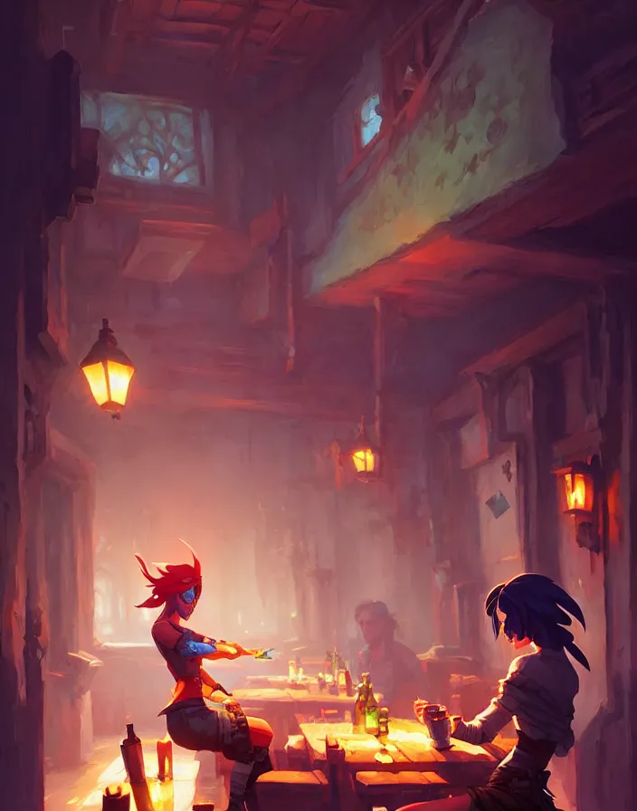 Image similar to super epically realized digital art depicting a rogue in a tavern, by stephen bliss, greg rutkowski, loish, rhads, makoto shinkai and lois van baarle, ilya kuvshinov, rossdraws.