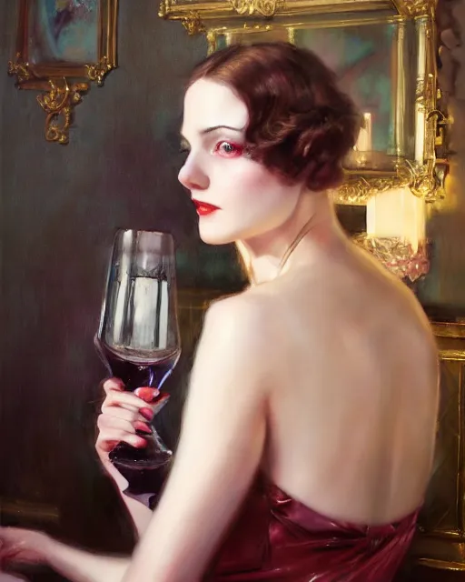 Image similar to daniel gerhartz and artgerm portrait digital realist painting of a 1 9 2 0 s beautiful woman at a party in a mansion, mansion interior in the background, unreal engine, hyper realism, realistic shading, cinematic composition, realistic render, octane render, detailed textures, photorealistic, ultrawide shot, 3 5 mm film