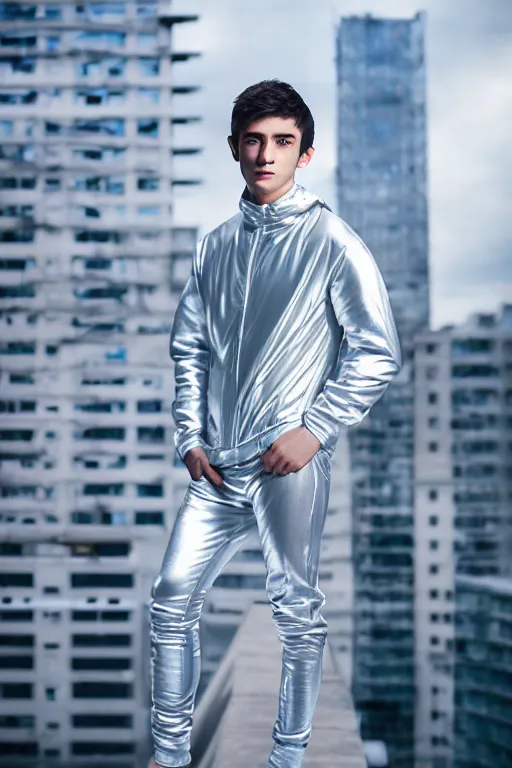 Image similar to un ultra high definition studio quality photographic art portrait of a young man standing on the rooftop of a british apartment building wearing soft baggy padded silver iridescent pearlescent clothing. three point light. extremely detailed. golden ratio, ray tracing, volumetric light, shallow depth of field. set dressed.