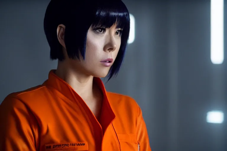 Image similar to major motoko wearing an orange prison jumpsuit, photography by fred palacio medium full shot still from bladerunner 2 0 4 9, sci fi, bladerunner, canon eos r 3, f / 3, iso 2 0 0, 1 / 1 6 0 s, 8 k, raw, unedited