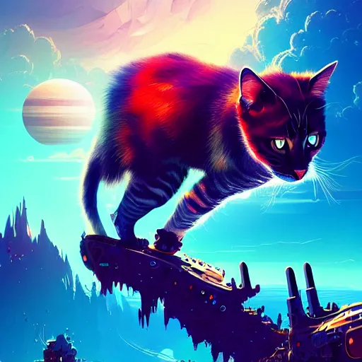 Prompt: gigantic cyborg cat crashes into gothic world planet, fantastic landscape, bright colors, hyperrealism, 4 k resolution, ultra detailed, style of anton fadeev, ivan shishkin, john berkey