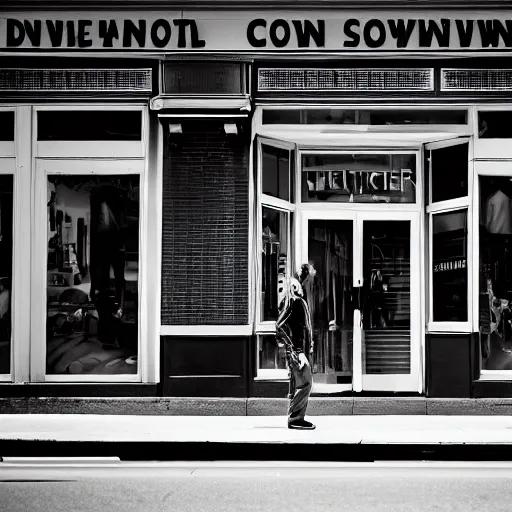 Prompt: a man walking downtown on the sidewalk in front of a clothing store in the style of vivian maier