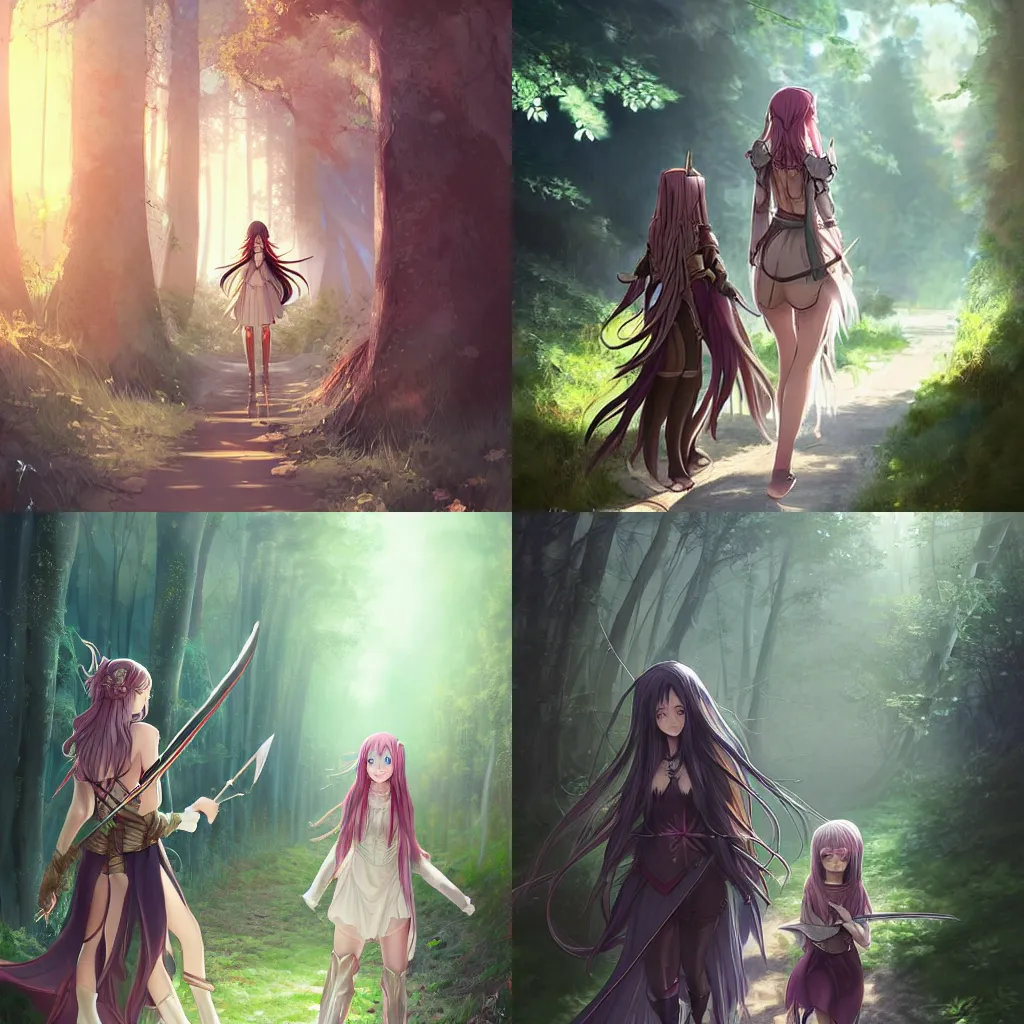 Prompt: Both a cute sorceress with long brunette hair, and a tall knight in full metal armor, travel down a forest path together in the sunny afternoon. fantasy anime, digital painting by WLOP