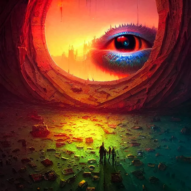 Prompt: microscopic view of the human eye, fantasy landscape is seen inside the iris of the eye, illuminati eye, colorful, sharp and focus, ultra detailed, beautifully lit, in the art style of marc simonetti and john harris