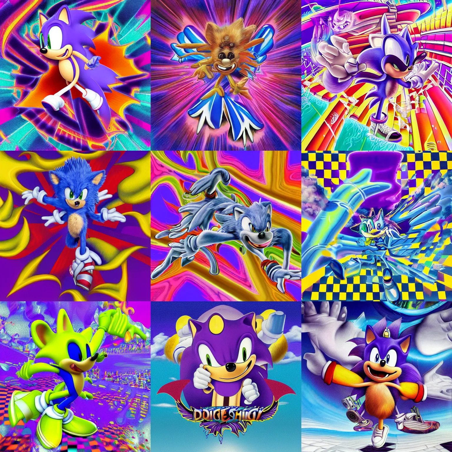 Image similar to surreal, faded, totally radical detailed professional, high quality airbrush art MGMT album cover of a liquid dissolving LSD DMT sonic the hedgehog on a flat purple checkerboard plane, 1990s 1992 prerendered graphics raytraced phong shaded album cover